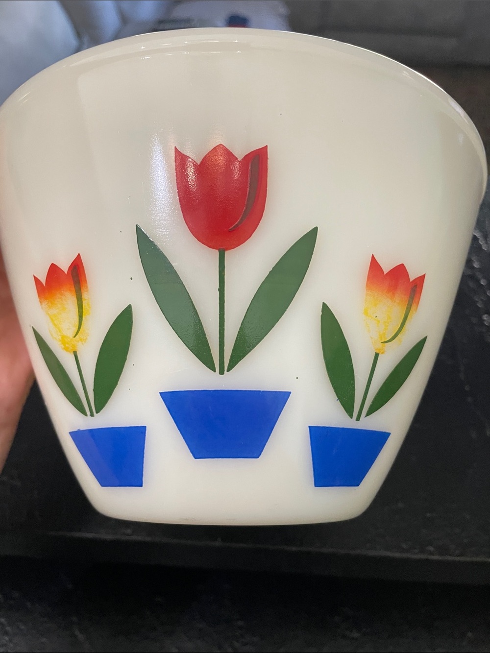 Fire King Milk Glass Floral Tulip Bowl in White with Red & Blue Accents - Picture 4 of 7